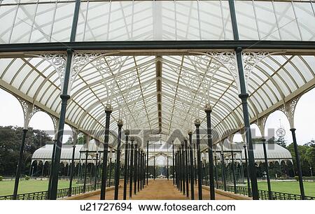Picture - Glass house in a botanical garden, Lal Bagh Botanical Garden, Bangalore, Karnataka, India. Fotosearch