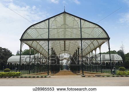 Stock Image - Glass house in a botanical garden, Lal Bagh Botanical Garden, Bangalore, Karnataka, India. Fotosearch