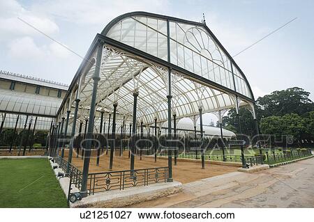 Stock Photo - Glass house in a botanical garden, Lal Bagh Botanical Garden, Bangalore, Karnataka, India. Fotosearch