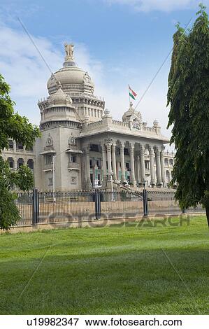 Stock Photo - Government building viewed from a garden, Vidhana Soudha, Bangalore, Karnataka, India. Fotosearch