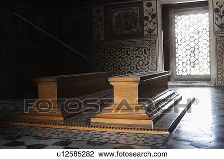 Stock Image - Graves in a mausoleum, Itmad-ud-Daulah's Tomb, Agra, Uttar Pradesh, India. Fotosearch