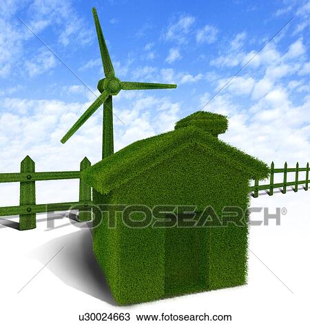 Stock Image - Green home with a wind turbine. Fotosearch