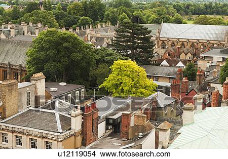 Picture - High angle view of buildings in a city, Oxford, Oxfordshire, England. Fotosearch