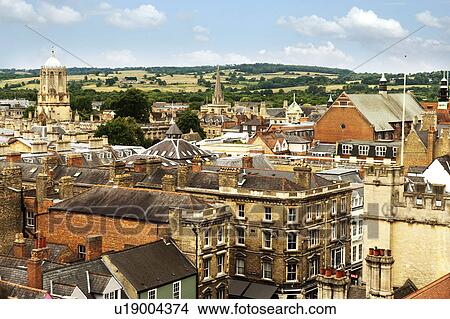 Picture - High angle view of buildings in a city, Oxford, Oxfordshire, England. Fotosearch