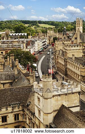 Stock Image - High angle view of buildings in a city, Oxford University, Oxford, Oxfordshire, England. Fotosearch