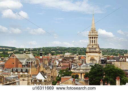 Stock Photo - High angle view of buildings in a city, Oxford, Oxfordshire, England. Fotosearch