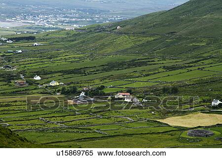 Stock Photography - High angle view of farmhouses, Ring Of Kerry, County Kerry, Republic of Ireland. Fotosearch