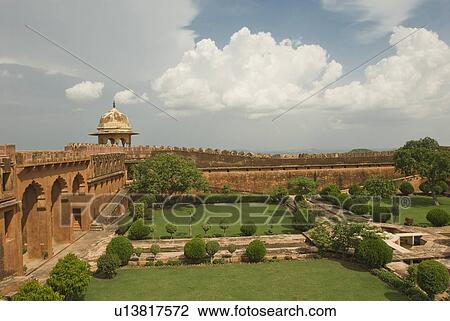 Stock Image - High angle view of garden in a fort, Jaigarh Fort, Jaipur, Rajasthan, India. Fotosearch