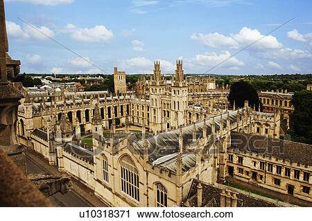 Stock Image - High angle view of university buildings, Oxford University, Oxford, Oxfordshire, England. Fotosearch