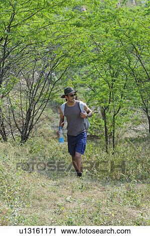 Stock Image - Hiker in a forest. Fotosearch