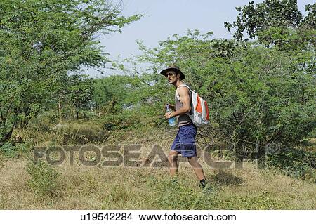 Hiker walking in a forest View Large Photo Image Picture - Hiker walking in a forest. Fotosearch