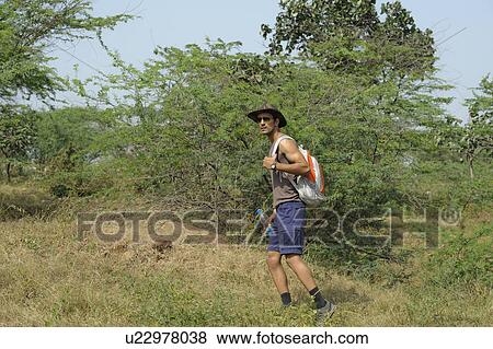 Stock Photo - Hiker walking in a forest. Fotosearch