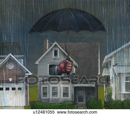 Stock Photography - House covered with an insurance umbrella. Fotosearch