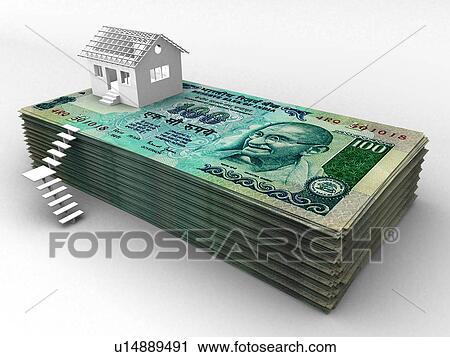 Stock Image - House on top of stack of hundred rupee banknotes. Fotosearch