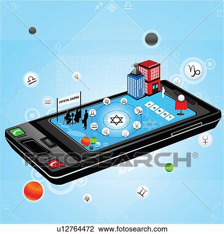 Stock Image - Illustrative representation showing the use of a mobile phone for astrology. Fotosearch