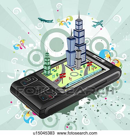 Stock Image - Illustrative representation showing the use of a mobile phone for planning travel. Fotosearch