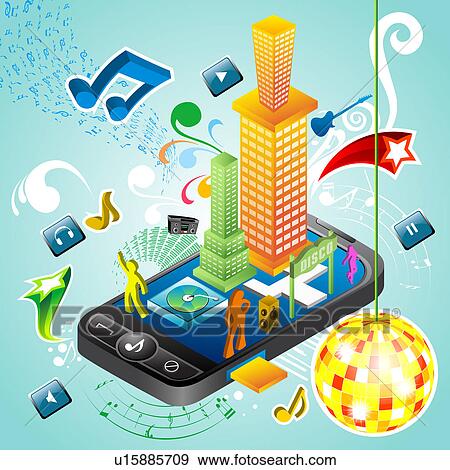 Stock Photo - Illustrative representation showing the use of a mobile phone as music player. Fotosearch