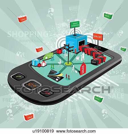 Stock Photo - Illustrative representation showing the use of a mobile phone for e-shopping. Fotosearch