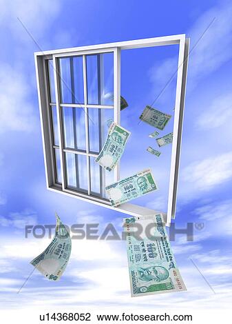 Stock Image - Indian currency note flying in and out of window. Fotosearch