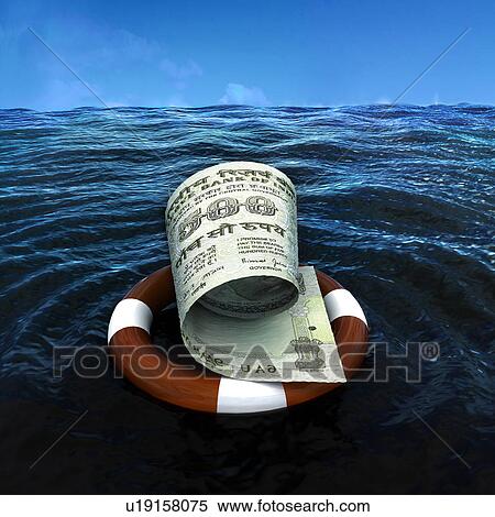 Stock Photography - Indian five hundred rupee note on life preserver tube in the sea. Fotosearch