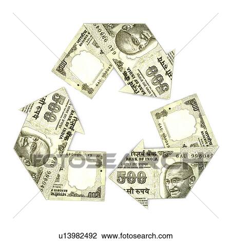 Stock Image - Indian five hundred rupee notes in form of recycling symbol. Fotosearch