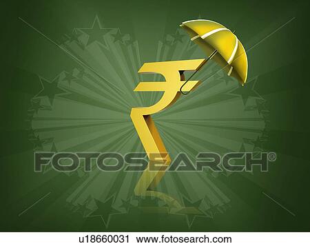 Stock Image - Indian rupee symbol covered by an umbrella. Fotosearch