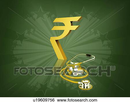 Stock Photograph - Indian rupee symbol with stethoscope and pills. Fotosearch