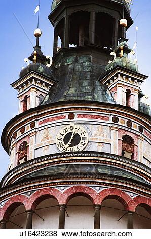 Low angle view of a clock tower in a castle, Cesky Krumlov Castle, Cesky Krumlov, South Bohemian Region, Czech Republic View Large Photo Image Stock Photo - Low angle view of a clock tower in a castle, Cesky Krumlov Castle, Cesky Krumlov, South Bohemian Region, Czech Republic. Fotosearch