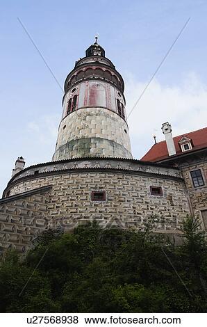 Stock Photo - Low angle view of a clock tower in a castle, Cesky Krumlov Castle, Cesky Krumlov, South Bohemian Region, Czech Republic. Fotosearch