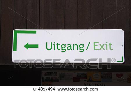 Picture - Low angle view of an exit sign, Cesky Krumlov, South Bohemian Region, Czech Republic. Fotosearch