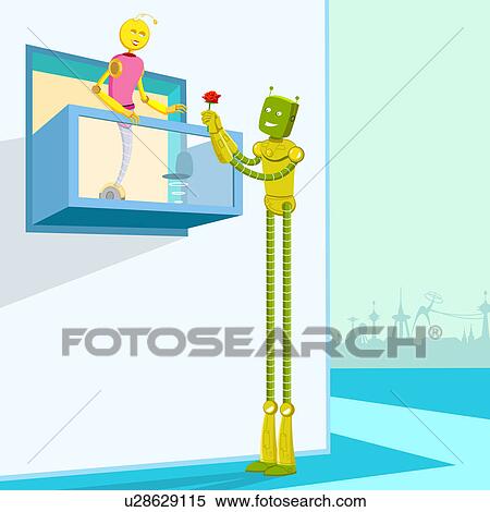Stock Photography - Male robot proposing a female robot with a flower. Fotosearch