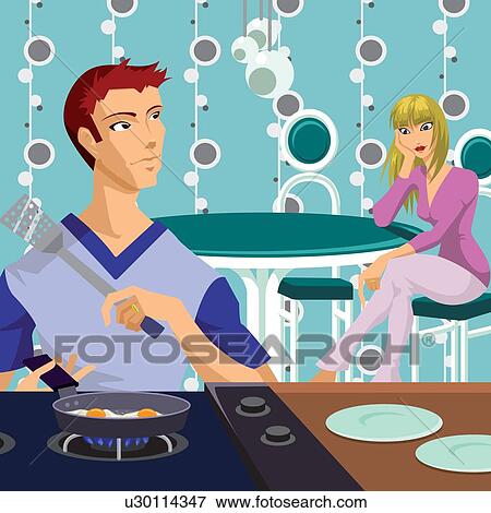 Man cooking omelet for his wife waiting in background View Large Photo Image Stock Photo - Man cooking omelet for his wife waiting in background. Fotosearch