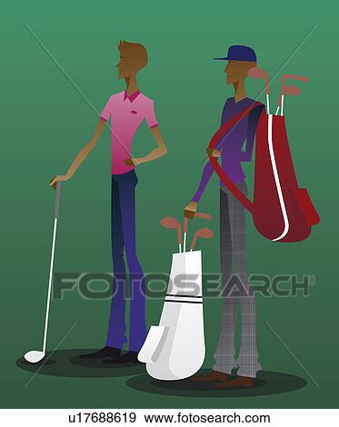 Stock Photo - Man standing with a caddy in a golf course. Fotosearch