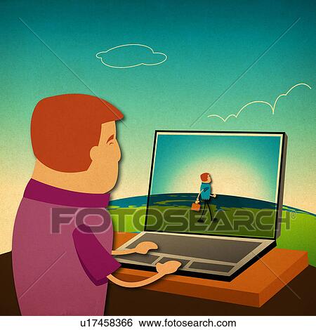 Stock Photograph - Man surfing the net on a laptop. Fotosearch