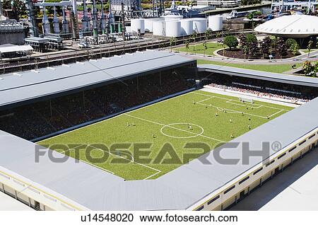 Stock Image - Miniature soccer stadium in a miniature city, Madurodam, Scheveningen, The Hague, Netherlands. Fotosearch