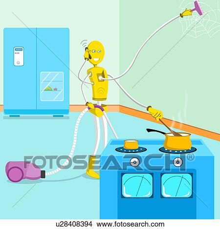 Multi-armed robot cleaning house, cooking food and talking on a mobile phone View Large Photo Image Picture - Multi-armed robot cleaning house, cooking food and talking on a mobile phone. Fotosearch