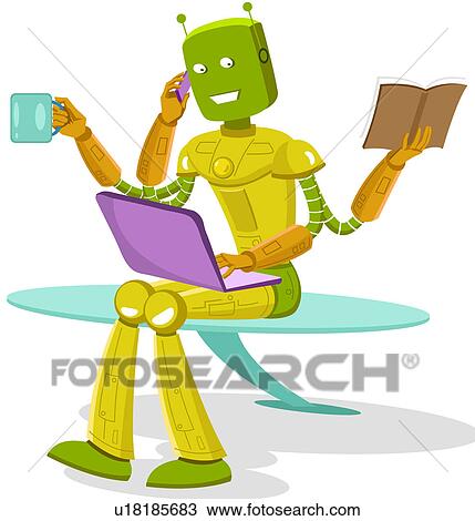 Stock Image - Multi-armed robot performing multiple tasks. Fotosearch