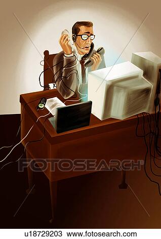 Stock Image - Multi-tasking businessman talking on telephone in an office. Fotosearch
