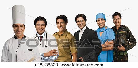 Stock Image - Multiple images of a man in different occupations uniforms. Fotosearch