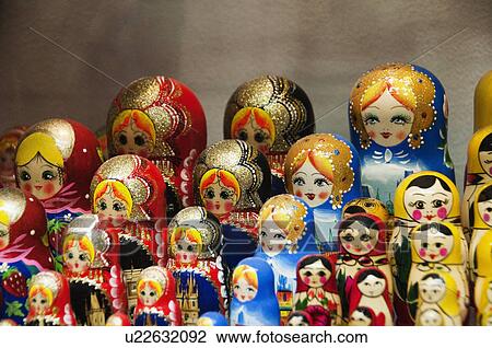 Stock Image - Nesting dolls at a souvenir shop, Cesky Krumlov, South Bohemian Region, Czech Republic. Fotosearch