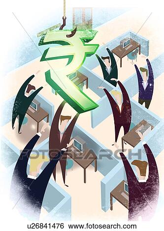 Stock Photograph - Office workers raising their hands for bonus. Fotosearch