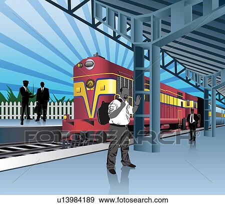 Passengers at a railroad station waiting for train View Large Photo Image Stock Photo - Passengers at a railroad station waiting for train. Fotosearch