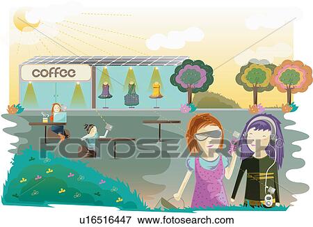 Stock Photo - People at a solar energy powered cafe. Fotosearch