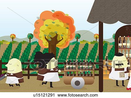 Stock Image - People selling wine in front of a vineyard. Fotosearch