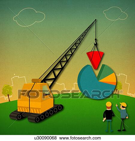 Stock Photo - Pie chart being built with crane. Fotosearch