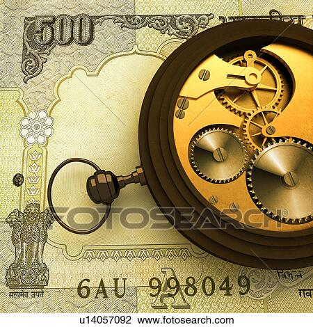 Stock Image - Pocket watch on Indian five hundred rupee note. Fotosearch
