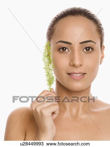 Portrait of a woman holding herb View Large Photo Image Stock Image - Portrait of a woman holding herb. Fotosearch