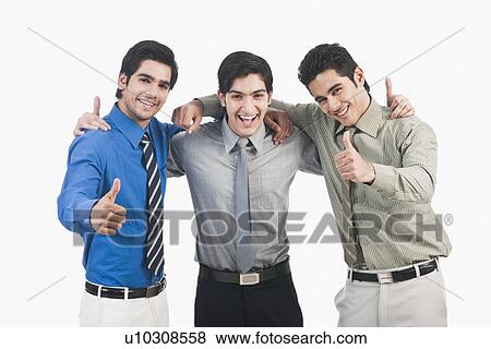 Stock Photo - Portrait of three businessmen cheering. Fotosearch