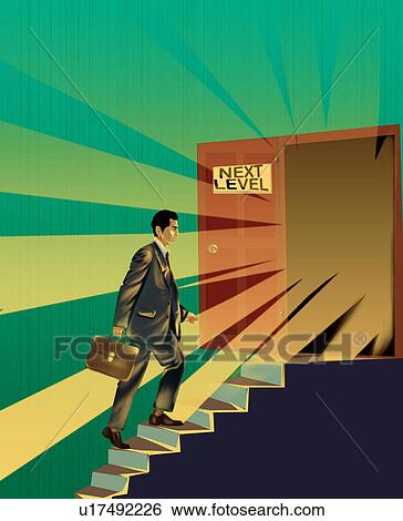 Stock Photograph - Promoted businessman moving to the next level. Fotosearch