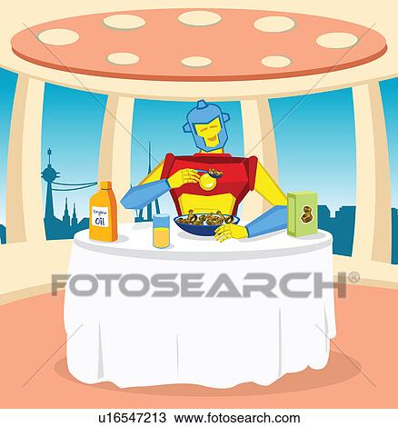 Stock Image - Robot at a breakfast table. Fotosearch